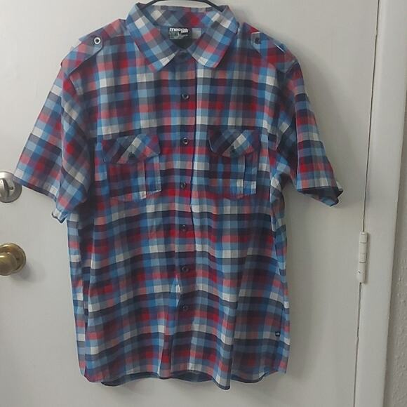 MECCA Plaid Button Down Shirt  L Red/White/Blue Academia Classic Preppy Nautical - Picture 1 of 9